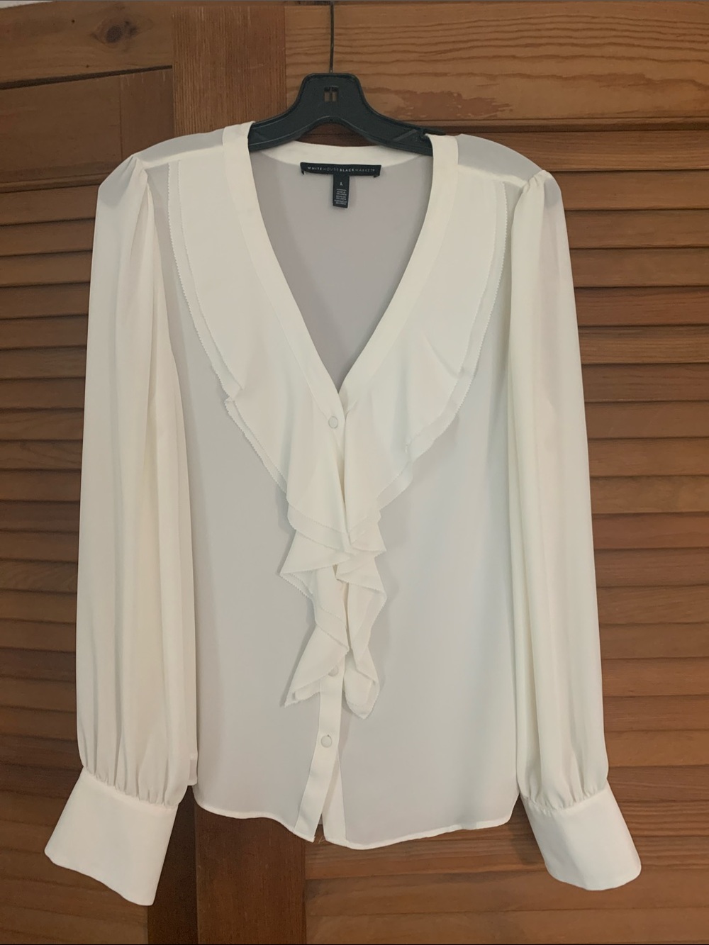 White House Black Market Cream Ruffle Front V-Neck Blouse